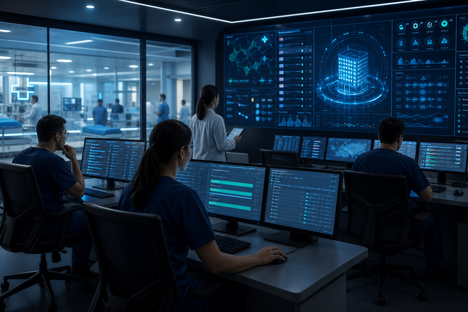 Abstract hospital operations command center with digital workflow panels