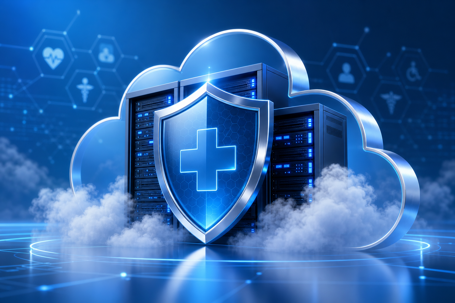 Secure cloud healthcare infrastructure illustration with shield motif